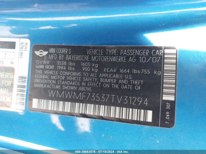 2007 Mini Cooper S VIN: WMWMF73537TV31294 Lot: 39883576