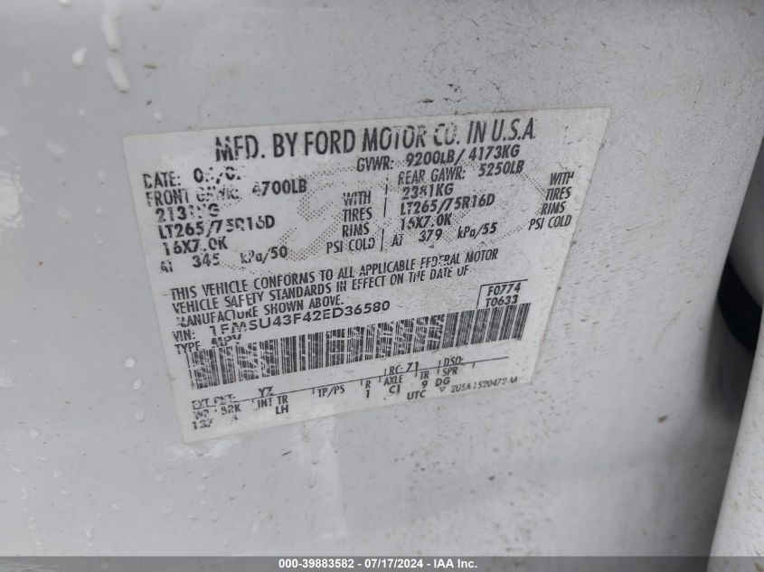 2002 Ford Excursion Limited VIN: 1FMSU43F42ED36580 Lot: 39883582