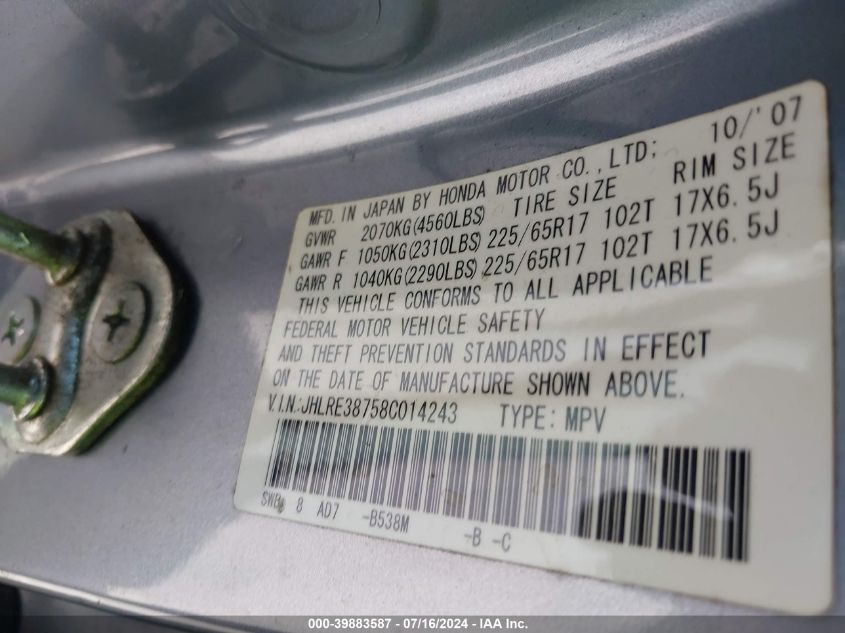 2008 Honda Cr-V Ex-L VIN: JHLRE38758C014243 Lot: 39883587