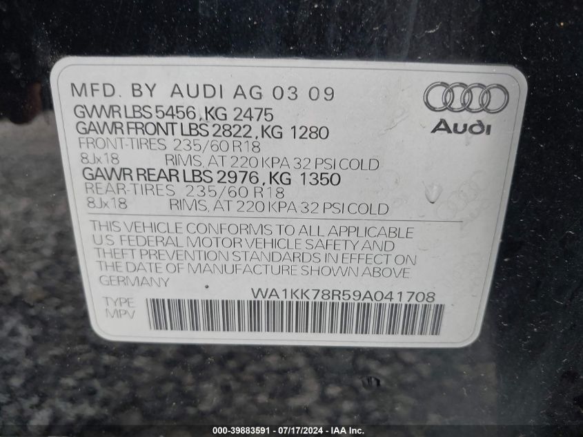 2009 Audi Q5 3.2 Premium VIN: WA1KK78R59A041708 Lot: 39883591