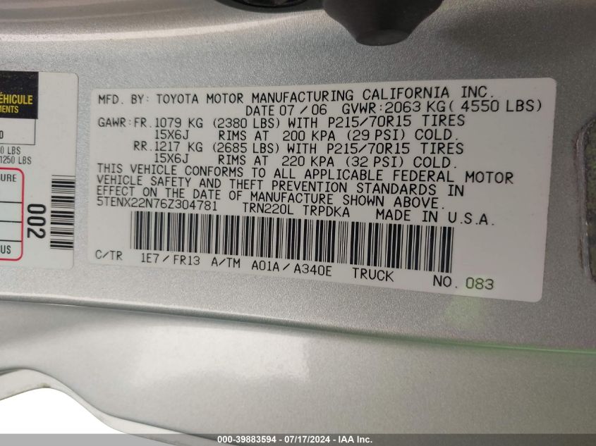 2006 Toyota Tacoma VIN: 5TENX22N76Z304781 Lot: 39883594