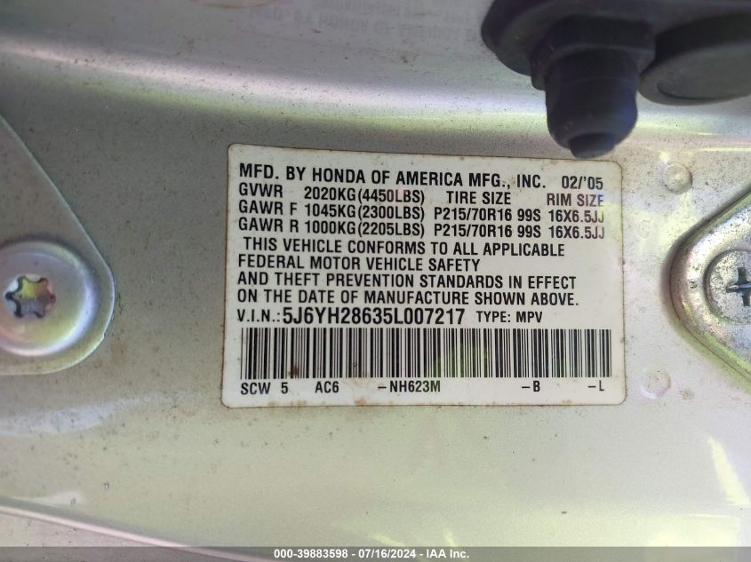 2005 Honda Element Ex VIN: 5J6YH28635L007217 Lot: 39883598