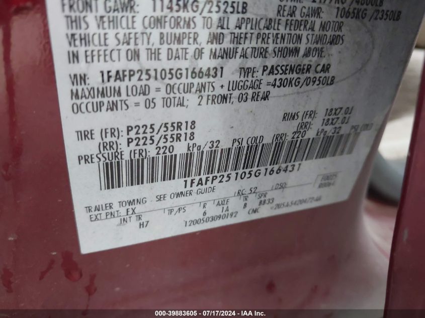 2005 Ford Five Hundred Limited VIN: 1FAFP25105G166431 Lot: 39883605