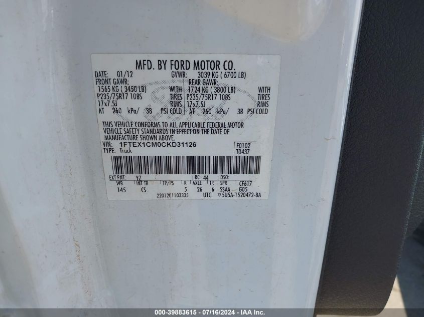 2012 Ford F-150 Xl VIN: 1FTEX1CM0CKD31126 Lot: 39883615