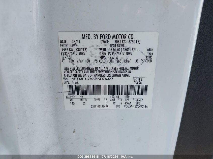 2011 Ford F-150 Xl VIN: 1FTMF1CM8BKD76327 Lot: 39883618