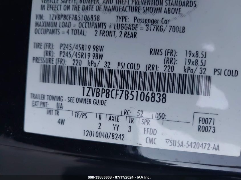 2011 Ford Mustang Gt VIN: 1ZVBP8CF7B5106838 Lot: 39883638