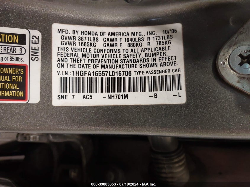2007 Honda Civic Lx VIN: 1HGFA16557L016706 Lot: 39883653