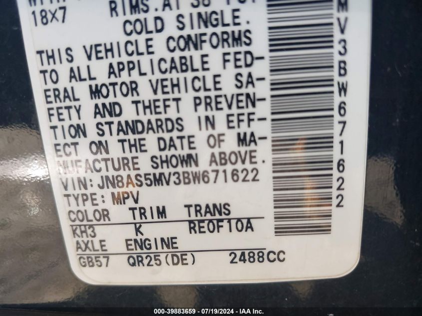 2011 Nissan Rogue Sv VIN: JN8AS5MV3BW671622 Lot: 39883659