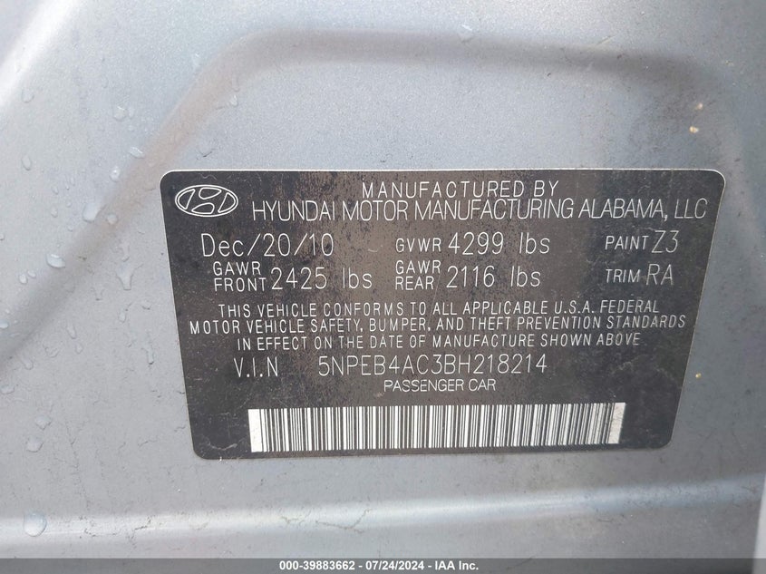 2011 Hyundai Sonata Gls VIN: 5NPEB4AC3BH218214 Lot: 39883662