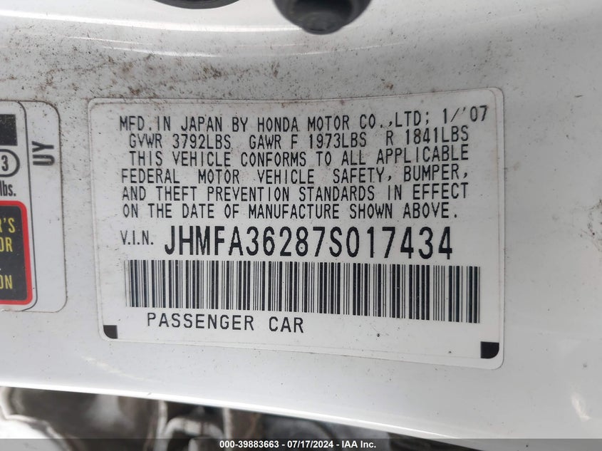 2007 Honda Civic Hybrid VIN: JHMFA36287S017434 Lot: 39883663