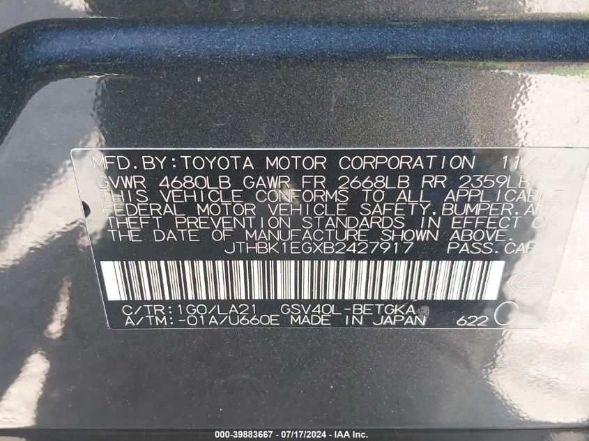 2011 Lexus Es 350 VIN: JTHBK1EGXB2427917 Lot: 39883667