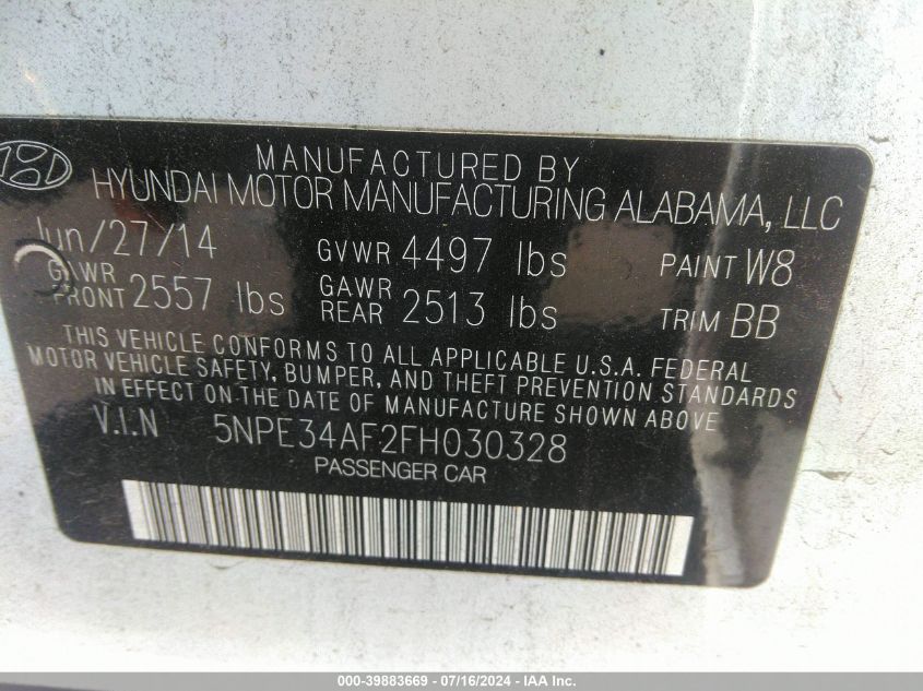 2015 Hyundai Sonata Limited VIN: 5NPE34AF2FH030328 Lot: 39883669