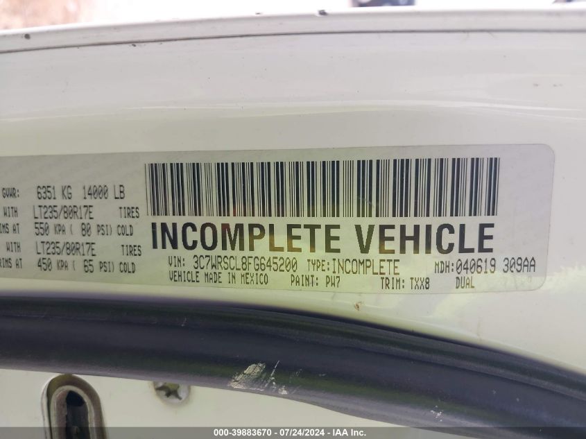 2015 Ram 3500 Chassis Tradesman/Slt/Laramie VIN: 3C7WRSCL8FG645200 Lot: 39883670