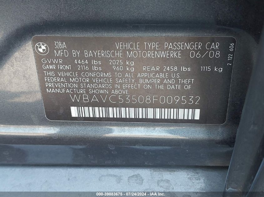 2008 BMW 328 I Sulev VIN: WBAVC53508F009532 Lot: 39883675