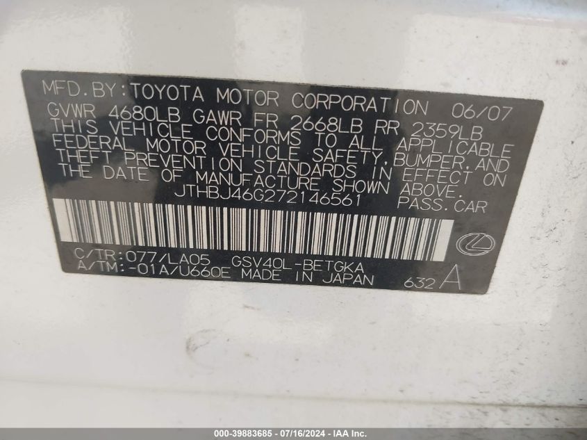 2007 Lexus Es 350 VIN: JTHBJ46G272146561 Lot: 39883685
