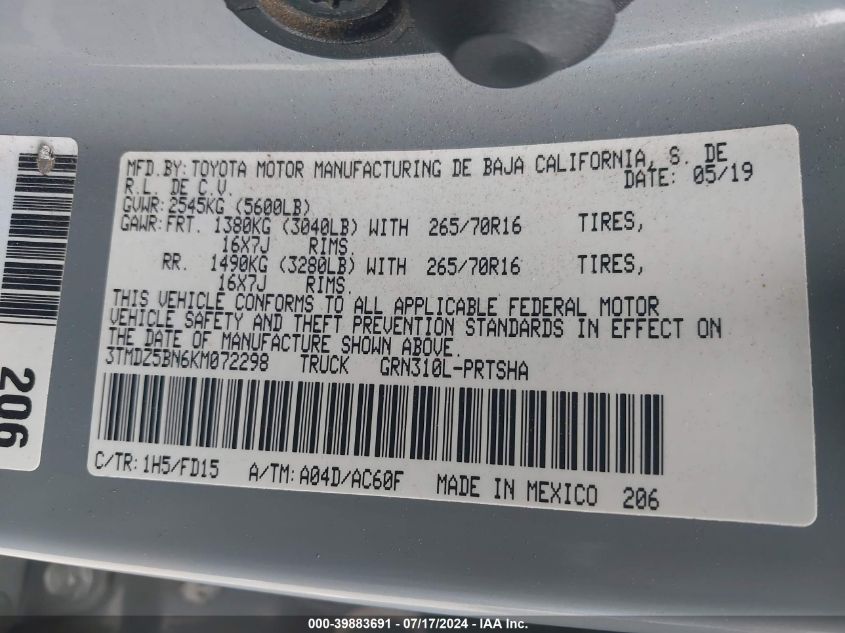2019 Toyota Tacoma Double Cab/Sr5/Trd Sport/ VIN: 3TMDZ5BN4KM071781 Lot: 39883691