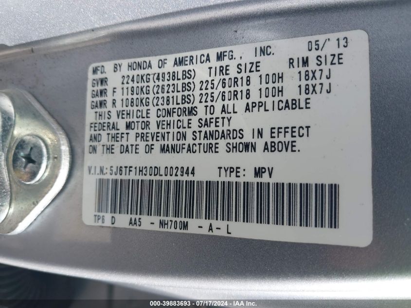 2013 Honda Crosstour Ex VIN: 5J6TF1H30DL002944 Lot: 39883693