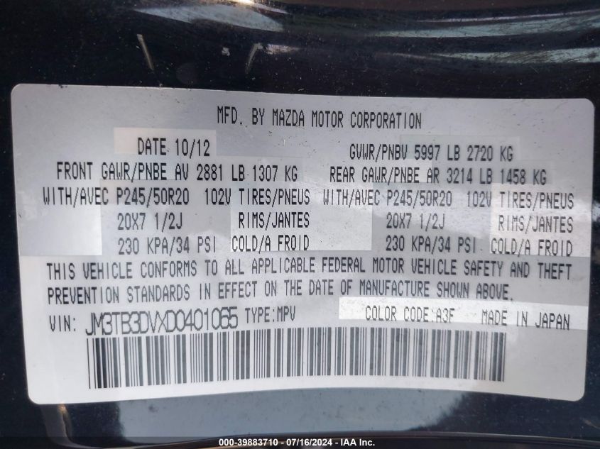 2013 Mazda Cx-9 Grand Touring VIN: JM3TB3DVXD0401065 Lot: 39883710