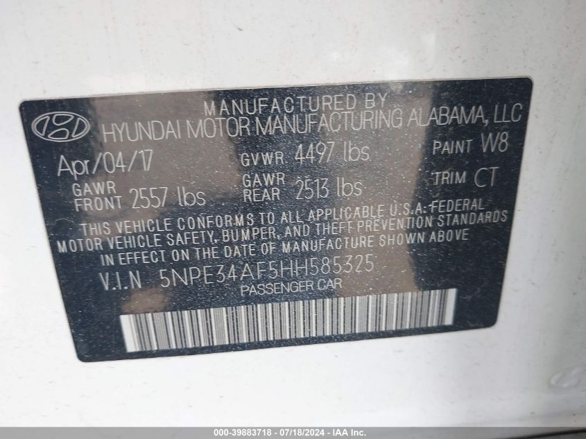 2017 Hyundai Sonata Sport VIN: 5NPE34AF5HH585325 Lot: 39883718