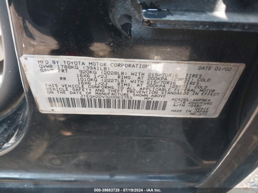 2002 Toyota Rav4 VIN: JTEGH20V320063753 Lot: 39883728