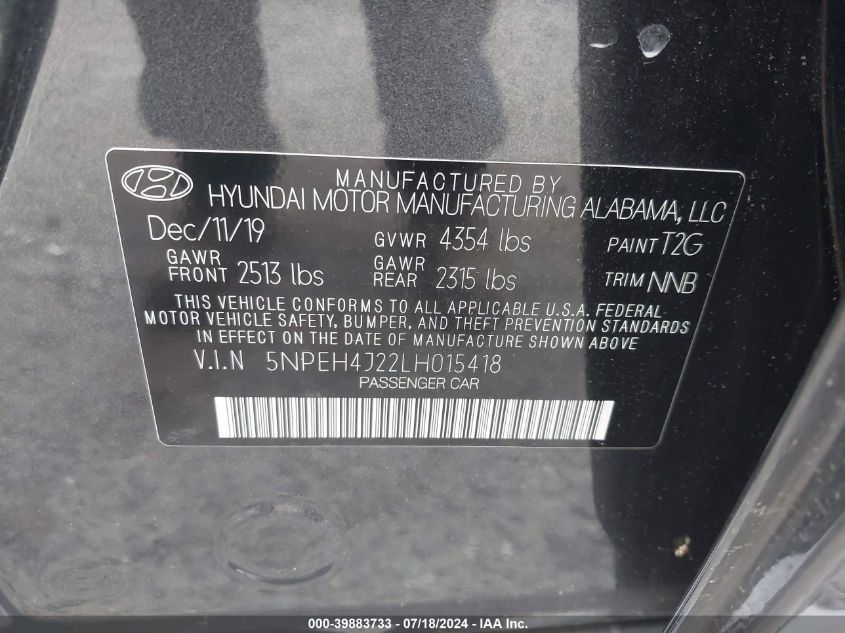 2020 HYUNDAI SONATA LIMITED - 5NPEH4J22LH015418