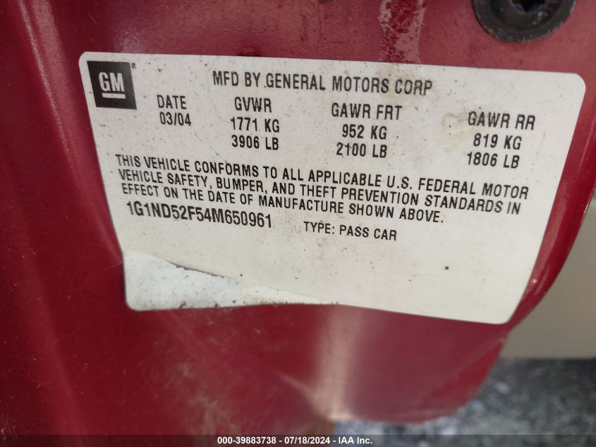 2004 Chevrolet Classic VIN: 1G1ND52F54M650961 Lot: 39883738