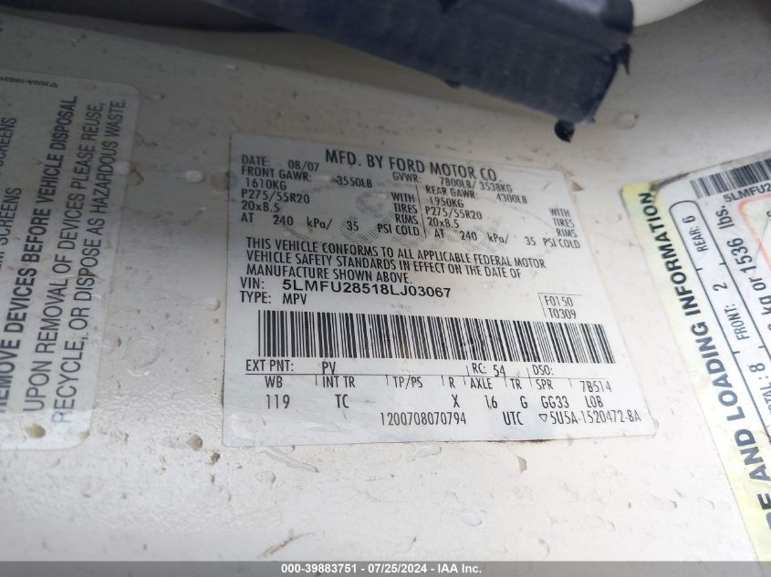 2008 Lincoln Navigator VIN: 5LMFU28518LJ03067 Lot: 39883751