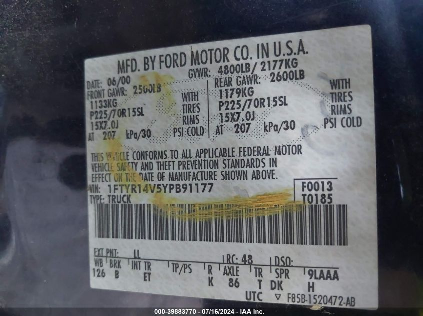 2000 Ford Ranger Xl/Xlt VIN: 1FTYR14V5YPB91177 Lot: 39883770