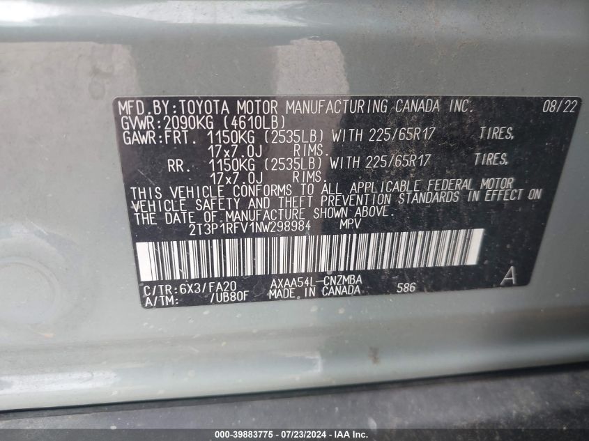 2022 Toyota Rav4 Xle VIN: 2T3P1RFV1NW298984 Lot: 39883775