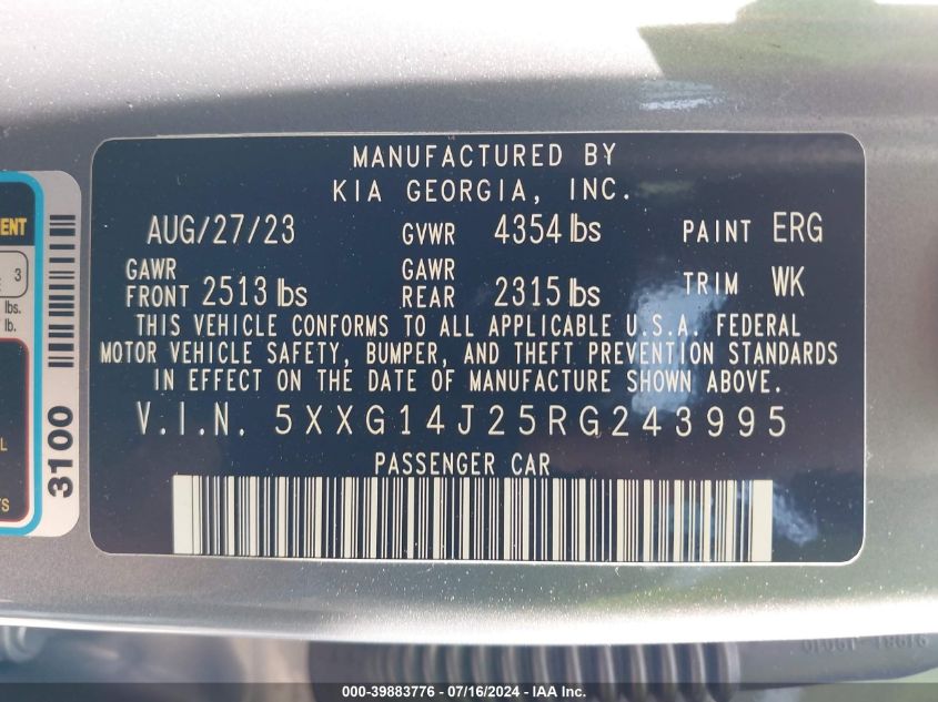 2024 Kia K5 Lxs VIN: 5XXG14J25RG243995 Lot: 39883776