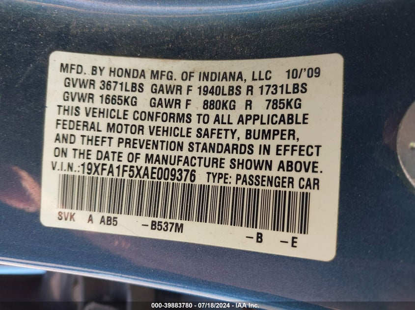2010 Honda Civic Lx VIN: 19XFA1F5XAE009376 Lot: 39883780