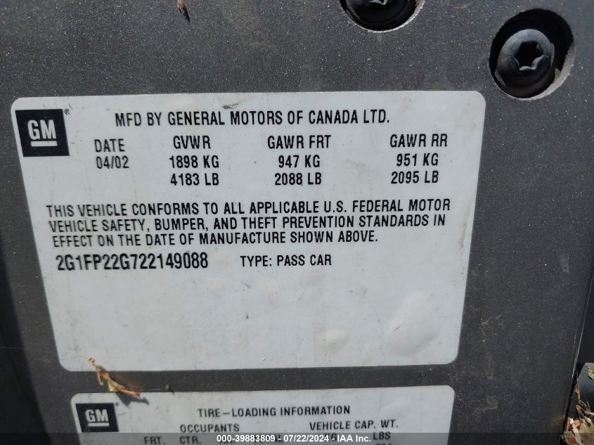 2002 Chevrolet Camaro Z28 VIN: 2G1FP22G722149088 Lot: 39883809