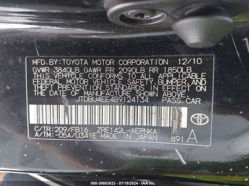 2011 Toyota Corolla Le VIN: JTDBU4EE4B9124134 Lot: 39883823