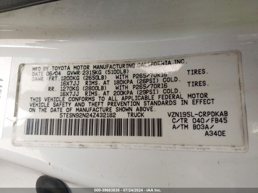2004 Toyota Tacoma Prerunner V6 VIN: 5TESN92N24Z432182 Lot: 39883835