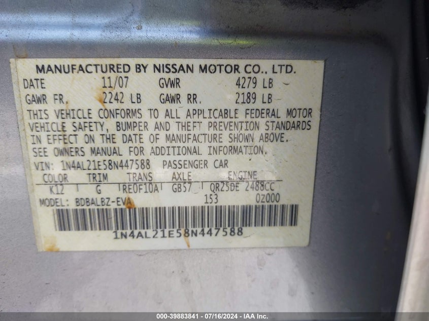 2008 Nissan Altima 2.5 S VIN: 1N4AL21E58N447588 Lot: 39883841