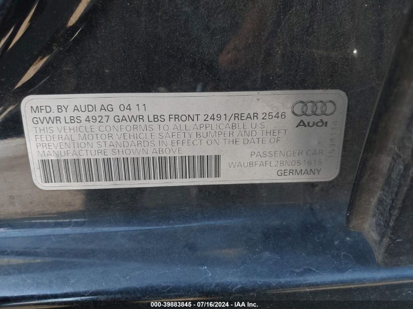 2011 Audi A4 2.0T Premium VIN: WAUBFAFL2BN051615 Lot: 39883845