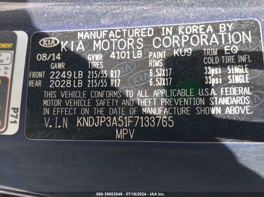 2015 Kia Soul + VIN: KNDJP3A51F7133765 Lot: 39883849