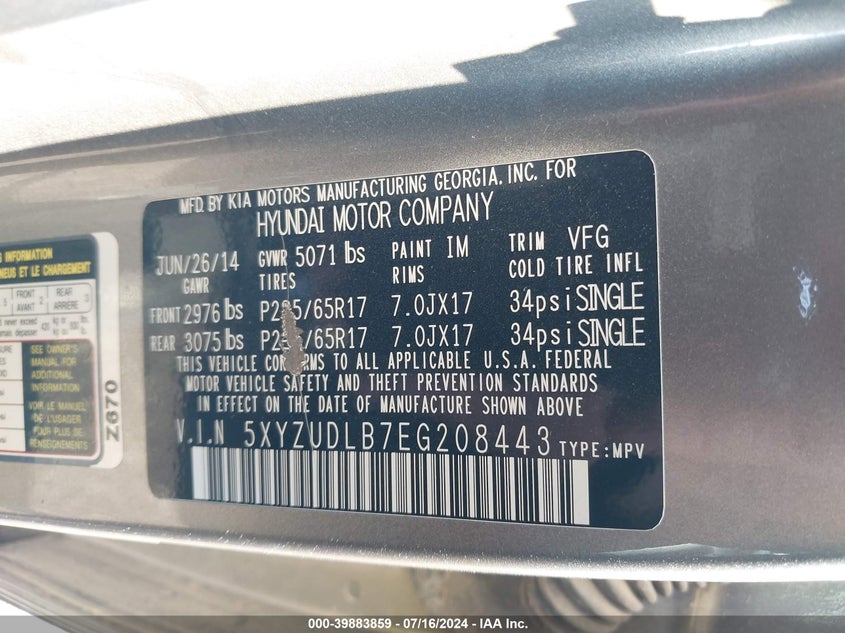 2014 Hyundai Santa Fe Sport 2.4L VIN: 5XYZUDLB7EG208443 Lot: 39883859