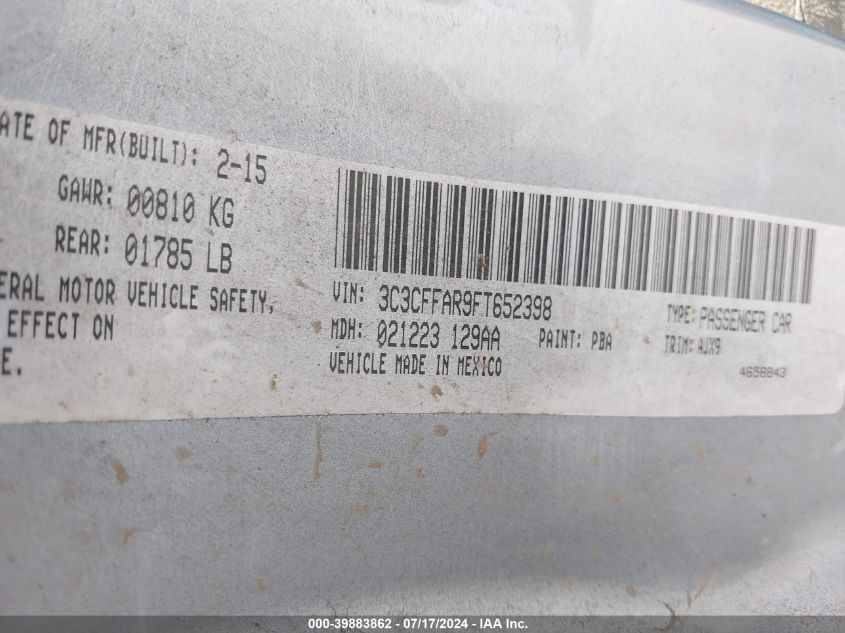 2015 Fiat 500 Pop VIN: 3C3CFFAR9FT652398 Lot: 39883862