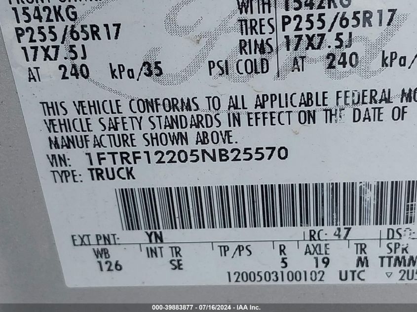 2005 Ford F-150 Stx/Xl/Xlt VIN: 1FTRF12205NB25570 Lot: 39883877