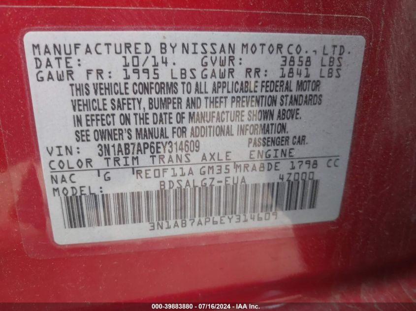 2014 Nissan Sentra S/Sv/Sr/Sl VIN: 3N1AB7AP6EY314609 Lot: 39883880