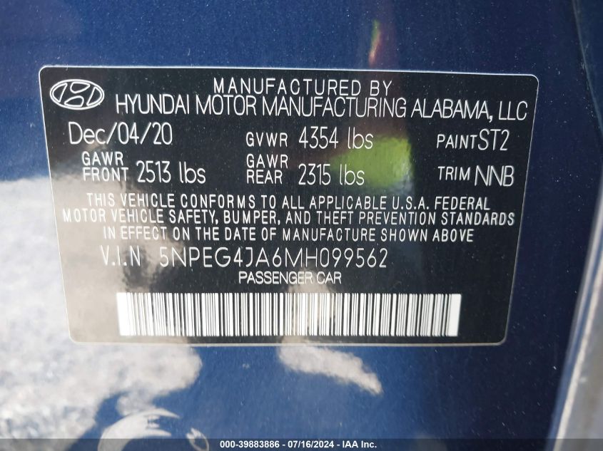 2021 Hyundai Sonata Se VIN: 5NPEG4JA6MH099562 Lot: 39883886