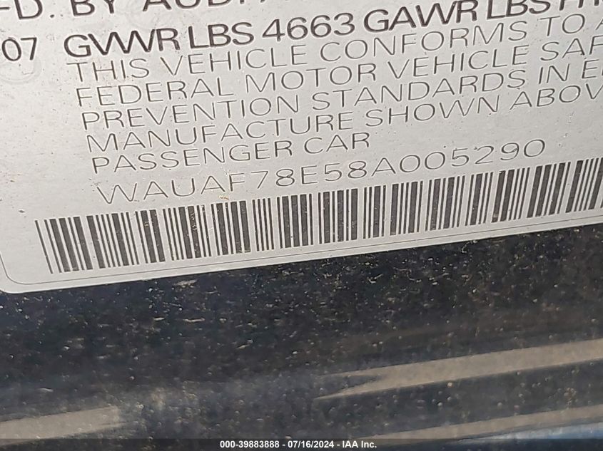 2008 Audi A4 2.0T VIN: WAUAF78E58A005290 Lot: 39883888