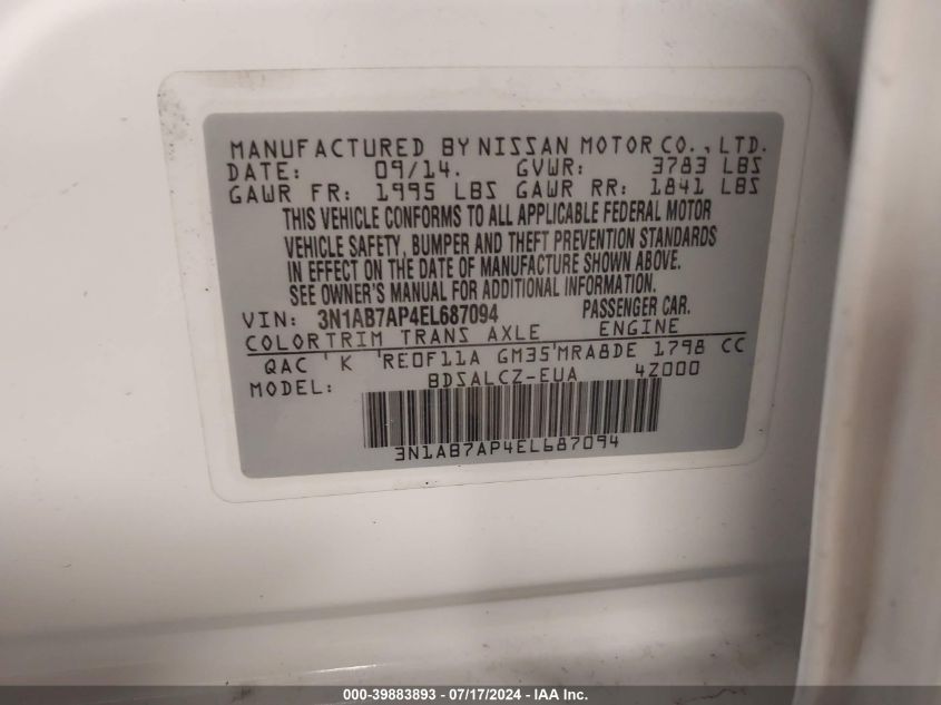 2014 Nissan Sentra S/Sv/Sr/Sl VIN: 3N1AB7AP4EL687094 Lot: 39883893