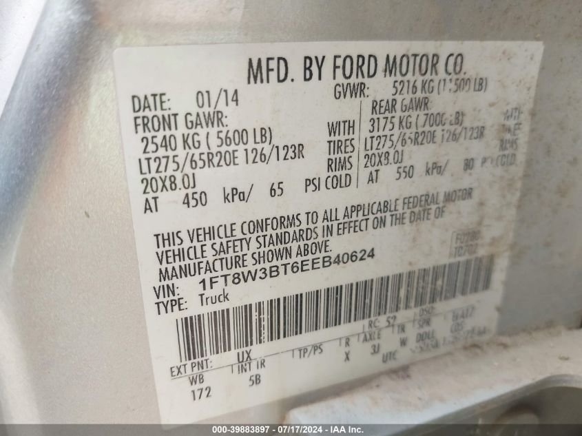 2014 Ford F-350 Lariat VIN: 1FT8W3BT6EEB40624 Lot: 39883897