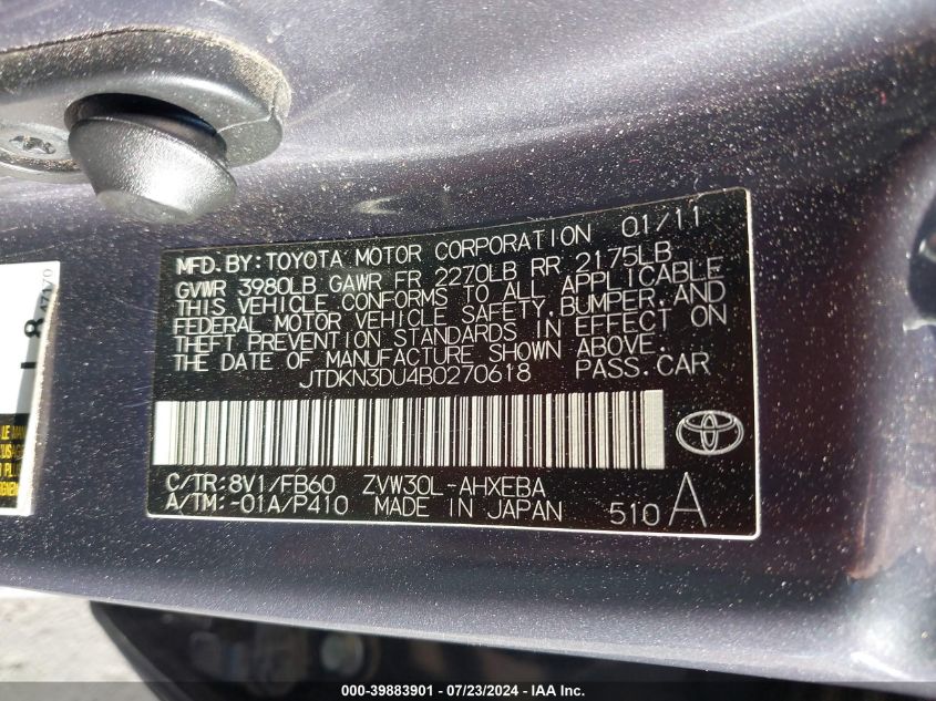 2011 Toyota Prius Two VIN: JTDKN3DU4B0270618 Lot: 39883901