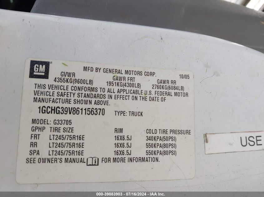 2006 Chevrolet Express Work Van VIN: 1GCHG39V861156370 Lot: 39883903