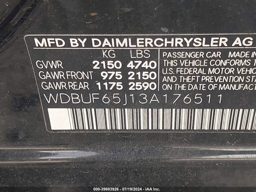 2003 Mercedes-Benz E 320 VIN: WDBUF65J13A176511 Lot: 39883926