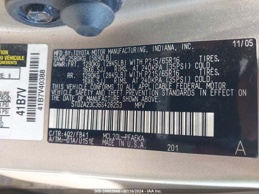 2006 Toyota Sienna Ce VIN: 5TDZA23C36S428253 Lot: 39883945