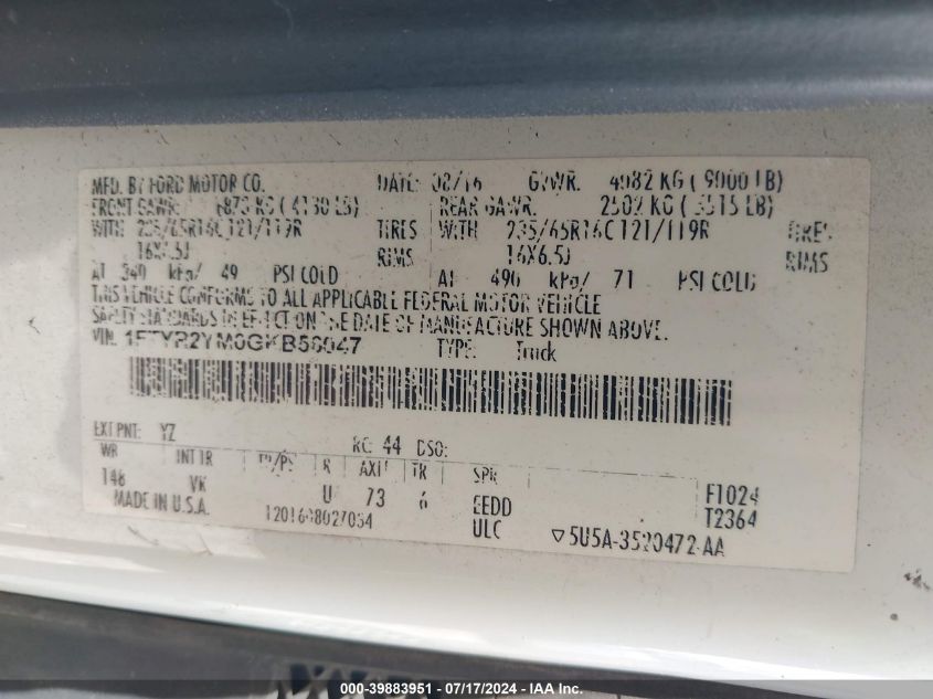 2016 Ford Transit-250 VIN: 1FTYR2YM0GKB56047 Lot: 39883951